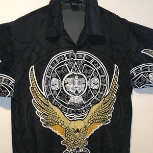 Vintage Y2 IBEU Black Mens Medium Short Sleeve Black Shirt Aztec, Eagle, Snake